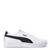 Championes Puma Court Classic Clean de cuero sintético negro con detalles en blanco, cordones negros y suela blanca con base negra.