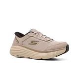 Championes deportivos Skechers Slip-ins Go Run Max Cushioning Endeavour - Cardova, color beige con detalles en dorado y suela gruesa. Diseñados con tecnología Hands Free Slip-ins para un calce fácil y plantilla Air-Cooled Goga Mat para mayor comodidad.