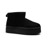 Botas cortas negras de gamuza sintética, con plataforma gruesa y tirador trasero.