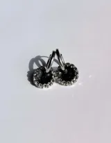 Par de aros colgantes con argolla de acero quirúrgico, dije circular de resina negra y borde de strass plateado.