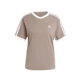 Remera Adidas color marrón con cuello redondo y mangas cortas con ribete blanco. Presenta las tres rayas características de la marca en color blanco sobre los hombros y el logo bordado en el pecho.