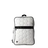 Mochila blanca con diseño de hexágonos que simulan una pelota de fútbol, con detalles en negro.