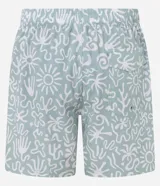 Bermuda de baño masculina de microfibra color celeste pálido con estampado abstracto orgánico en blanco. Presenta cintura elástica con cordón ajustable y bolsillos funcionales.