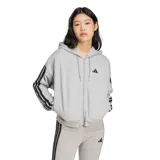 Campera gris de felpa francesa con capucha ajustable con cordón, cierre frontal, bolsillos laterales y las tres tiras características de Adidas en las mangas.