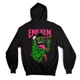 Canguro lila con capucha, bolsillo frontal y puños y cintura acanalados. Estampado frontal con el logo de la marca "Emexem" en rosa y amarillo.