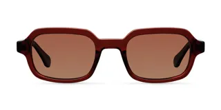 Lentes de sol unisex con montura cuadrada de bordes redondeados color marrón rojizo y lentes marrones polarizadas.