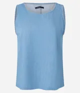 Blusa sin mangas de jean celeste, con cuello redondo y corte recto.