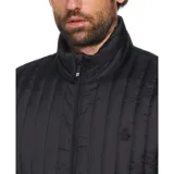 Chaleco negro matelaseado con cierre frontal y cuello alto. Posee bolsillos laterales y un logo pequeño en el pecho.