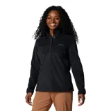 Buzo polar Columbia para mujer, color azul marino, con cuello alto abotonado y logo bordado en el pecho.