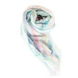 Pashmina rectangular de poliéster con estampado abstracto en tonos pastel: celeste, azul, rosa, verde y amarillo.