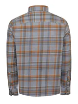 Camisa de franela a cuadros color celeste, naranja y marrón, de manga larga y corte moderno.
