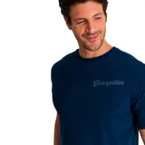 Remera azul marino de algodón de manga corta con cuello redondo y logo de Caterpillar estampado en el pecho.