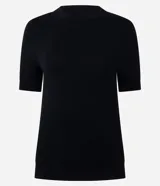 Blusa negra de viscosa con manga corta, cuello redondo y efecto de punto.