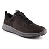 Championes Hi-Tec de cuero color marrón oscuro con cordones negros, suela gris y logo de la marca en el lateral.