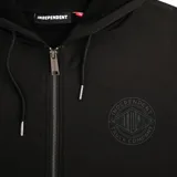 Campera negra con capucha, cierre frontal y logo de Independent Truck Company estampado en el pecho.