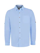 Camisa casual de hombre RKF Galiton, color amarillo claro, de manga larga ajustable con botones de madera. Confeccionada en popelina 100% algodón orgánico, con bolsillo de pecho con logo bordado y protección UV 20+.