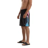 Bermuda de baño negra con estampado lateral de franjas rosas y celestes con el logo de Quiksilver.