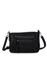 Bandolera de simil cuero color marrón topo, con textura ligeramente desgastada y detalles en nobuck. Presenta múltiples bolsillos frontales con cierres metálicos y tiradores de cuero. Correa ajustable para llevar al hombro o cruzada.