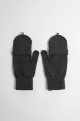 Guantes de punto gris oscuro con diseño convertible: mitones con tapa que se abrocha con botón para convertirse en guantes completos.