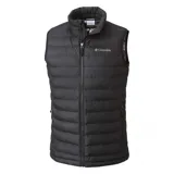 Chaleco Columbia Powder Lite para hombre, con tecnología Omni-Heat reflectante, aislamiento Thermarator, tela resistente al agua, ribete en cuello y puños, bolsillos con cierre y dobladillo ajustable. Diseño en dos tonos: verde oliva en la parte superior y amarillo en la parte inferior.