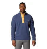 Buzo polar Columbia Helvetia Half Snap para hombre, color azul con detalles en amarillo y bolsillo con cierre en el pecho. Cuenta con cuello alto abotonado y puños elásticos.