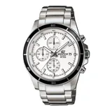 Reloj Casio Edifice plateado con bisel negro, esfera blanca con cronógrafos y pulsera de acero inoxidable.