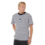 Remera a rayas horizontales blancas y negras con cuello redondo negro y logo estampado en el pecho.