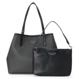 Cartera tote grande color negro con estampado del logo de la marca. Incluye un bolso pequeño con cierre y correa de mano.