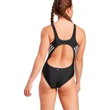 Malla enteriza de natación Adidas, color negro con logo blanco en el pecho y tres franjas blancas en los laterales.