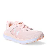 Championes Under Armour Charged Assert 10 color rosa con logo blanco, ideales para running y entrenamiento.