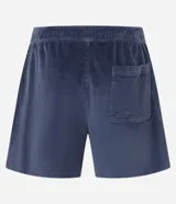 Bermuda de terciopelo color crema, corte runner, con cintura elástica, cordón ajustable y bolsillos laterales.