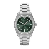 Reloj Emporio Armani modelo AR11621 con caja de acero inoxidable plateado de 41mm y esfera verde sunray. Cuenta con manecillas e índices luminosos, ventana de fecha a las 6 y correa de acero inoxidable plateado con cierre desplegable tipo mariposa. Resistente al agua hasta 50 metros.
