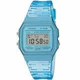Reloj digital Casio modelo F-91W con caja y correa de resina celeste transparente. Incluye cronómetro, alarma, calendario y luz LED. Resistente a salpicaduras.
