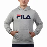 Buzo canguro Fila gris con capucha y cordones ajustables. Logo de la marca estampado en el pecho en azul y rojo.