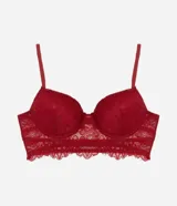Soutien alargado de encaje floral color rojo, con breteles ajustables y doble cierre en la espalda.