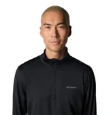 Remera de manga larga Columbia Three Pitch Half Zip para hombre, color negro, ideal para senderismo y trail running. Confeccionada con tejido Omni-Wick™ que absorbe la humedad y costuras unidas para mayor comodidad. Cuenta con agujeros para los pulgares, detalles reflectantes y cuello con media cremallera.