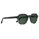 Lentes de sol con montura redonda negra y detalles estampados en azul, verde y amarillo.
