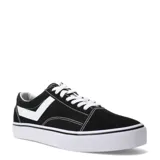 Championes unisex de lona, color negro, con detalles de costura y logo lateral en forma de 'V' en color blanco. Suela de goma blanca gruesa.