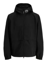Chaqueta shell negra con capucha y cierre con cremallera. Confeccionada en tejido liviano, delgado y transpirable. Presenta capucha, mangas largas con puños de canalé y bolsillos frontales.