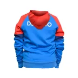 Campera con capucha y cierre frontal, color azul con mangas y capucha en color rojo. Presenta detalles en azul marino en los puños y cintura. Incluye el escudo del Club Nacional de Football y un logo estilizado en el pecho.