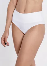 Bombacha modeladora de tiro alto color blanco, compuesta por microfibra de poliamida sin costuras, con faja de lycra en la cintura y forro 100% algodón.