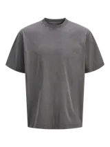 Camiseta gris de manga corta y cuello redondo con calce holgado. Estampa en la espalda con impresión en goma.