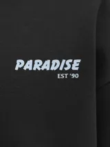 Buzo negro de algodón con cuello redondo, manga larga y puños acanalados. Estampa en la espalda con la frase "Find your paradise" y un diseño de dos peces koi.