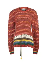 Sweater tejido con cuello redondo y amarre en la cintura, con diseño de punto calado y franjas horizontales en el pecho en tonos blanco, marrón, amarillo, azul y verde.