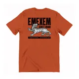 Remera color ladrillo de algodón, con estampa en la espalda que incluye el nombre de la marca, un tigre y la leyenda "T-Shirts Garage - Established 2009".