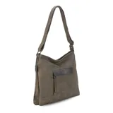 Cartera de cuero color marrón claro, con bolsillo frontal con tapa y cierre. Incluye división interna, bolsillos internos y bolsillo trasero con cierre. Tiene correa larga regulable y asa de mano.