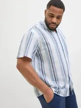 Camisa de manga corta a rayas verticales azules y blancas, con cuello resort y corte holgado.