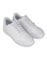 Zapatillas deportivas Under Armour modelo Tempo, color blanco liso, de corte bajo y estilo casual/urbano. Presentan una parte superior de cuero suave y suela de goma resistente. El logo de la marca está grabado en relieve en el lateral.