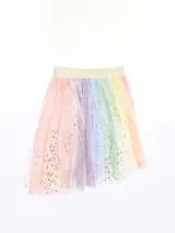 Pollera de tul multicolor con cintura elástica dorada y apliques de estrellas doradas.