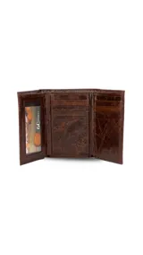 Billetera marrón de cuero con diseño vertical de tres cuerpos. Cuenta con dos divisiones para billetes, ocho espacios para tarjetas y un visor.